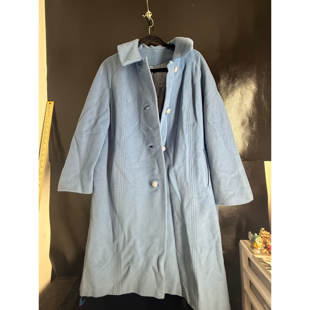 Vintage Light Blue Wool Blend Button Front Overcoat Mid Length Lined Pastel Coat